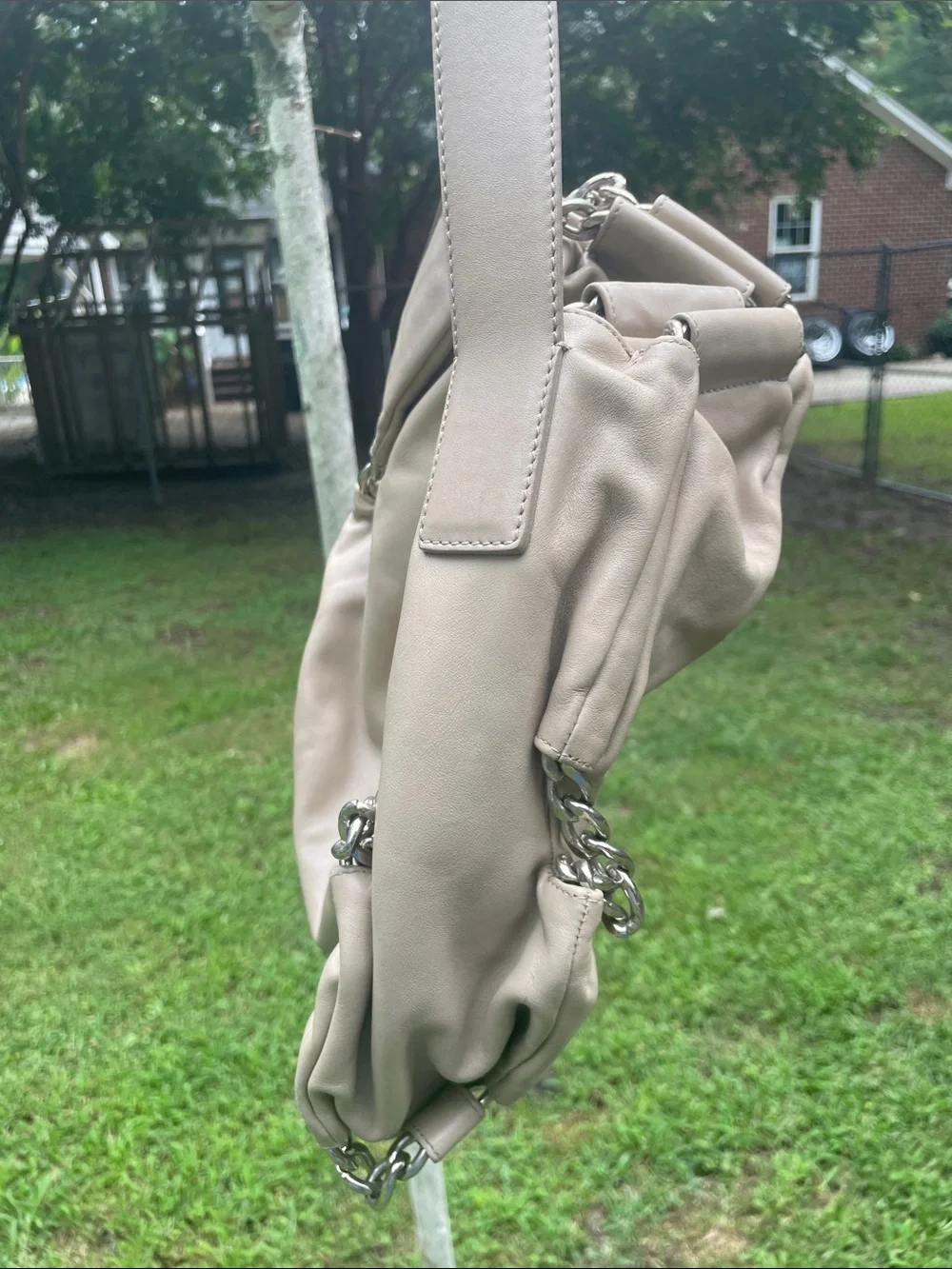 Furla Taupe Leather Hobo with Silver Chain Detail